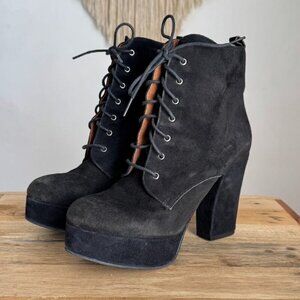 Kurt Geiger Y2K Black Suede Leather Platform Almond Toe Lace Up Boots Size 8.5